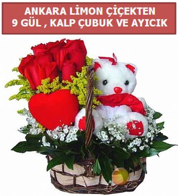 Kalp �ubuk sepette 9 g�l ve ay�c�k  Ankaraya �i�ek yolla  