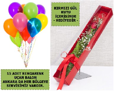 15 Adet u�an balon ve kutuda k�rm�z� g�l  Ankara ucuz �i�ek g�nder 