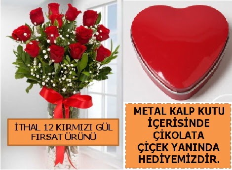 12 adet k�rm�z� g�l ve kalp kutuda �ikolata  Ankaraya �i�ek yolla 