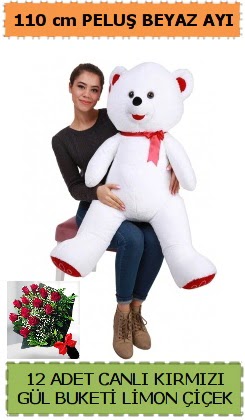 110 cm beyaz kocaman pelu� ay� ve 12 g�l  Ankara �i�ek�i telefonlar� 