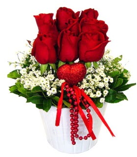 9 k�rm�z� g�l seramik ve kalp �ubuk  Ankara �i�ek�i telefonlar� 