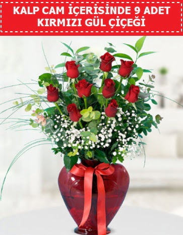 Kırmızı kalp camda 9 kırmızı gül  Ankara çiçek , çiçekçi , çiçekçilik 